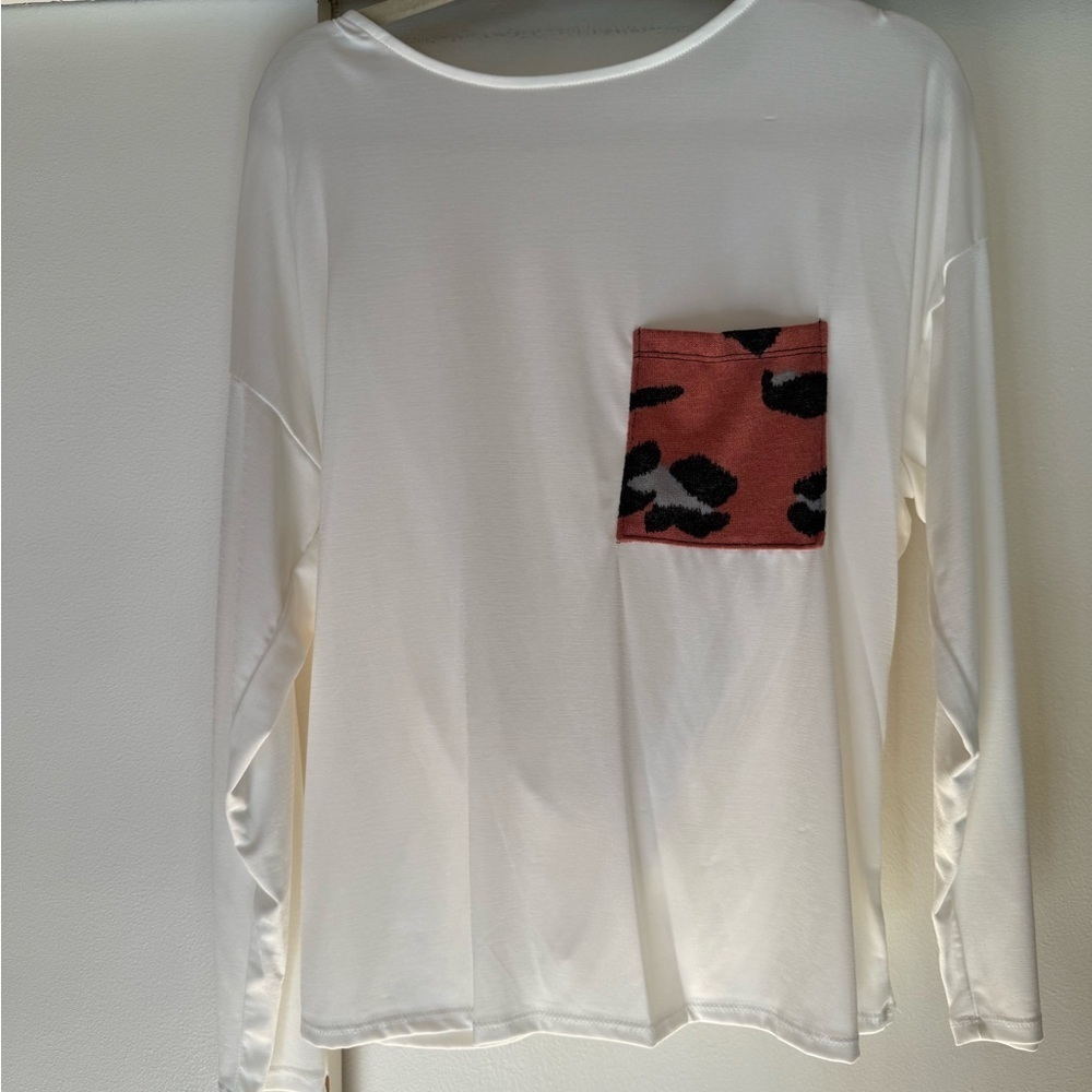 White Long Sleeve Top with Pink Leopard Print Pocket Scoop Back - Women’s